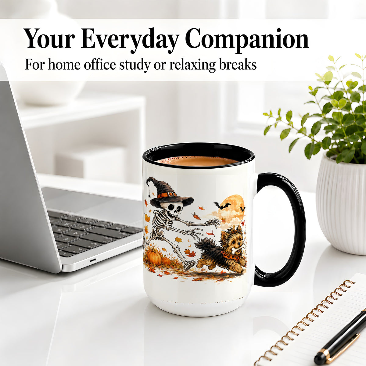 #pl[15oz|Black] Witch Hat Skeleton Yorkie Ceramic Mug, Halloween Art for Dog Lovers