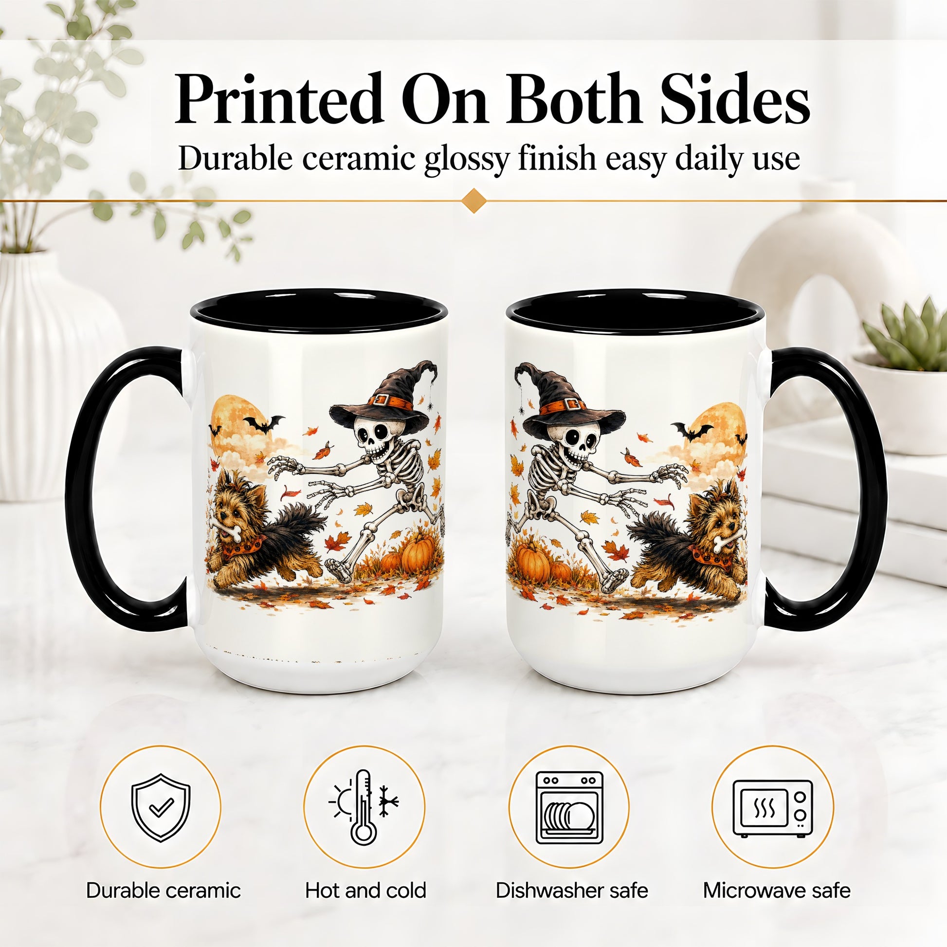 #pl[15oz|Black] Witch Hat Skeleton Yorkie Ceramic Mug, Halloween Art for Dog Lovers