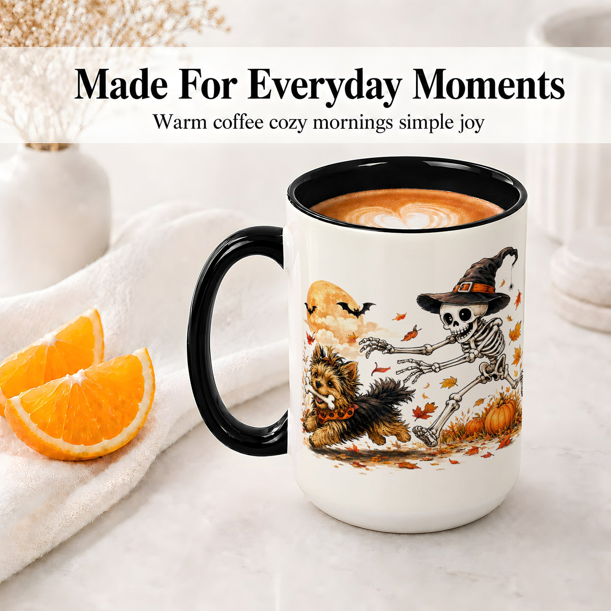 #pl[15oz|Black] Witch Hat Skeleton Yorkie Ceramic Mug, Halloween Art for Dog Lovers