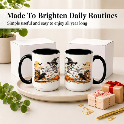#pl[15oz|Black] Witch Hat Skeleton Yorkie Ceramic Mug, Halloween Art for Dog Lovers