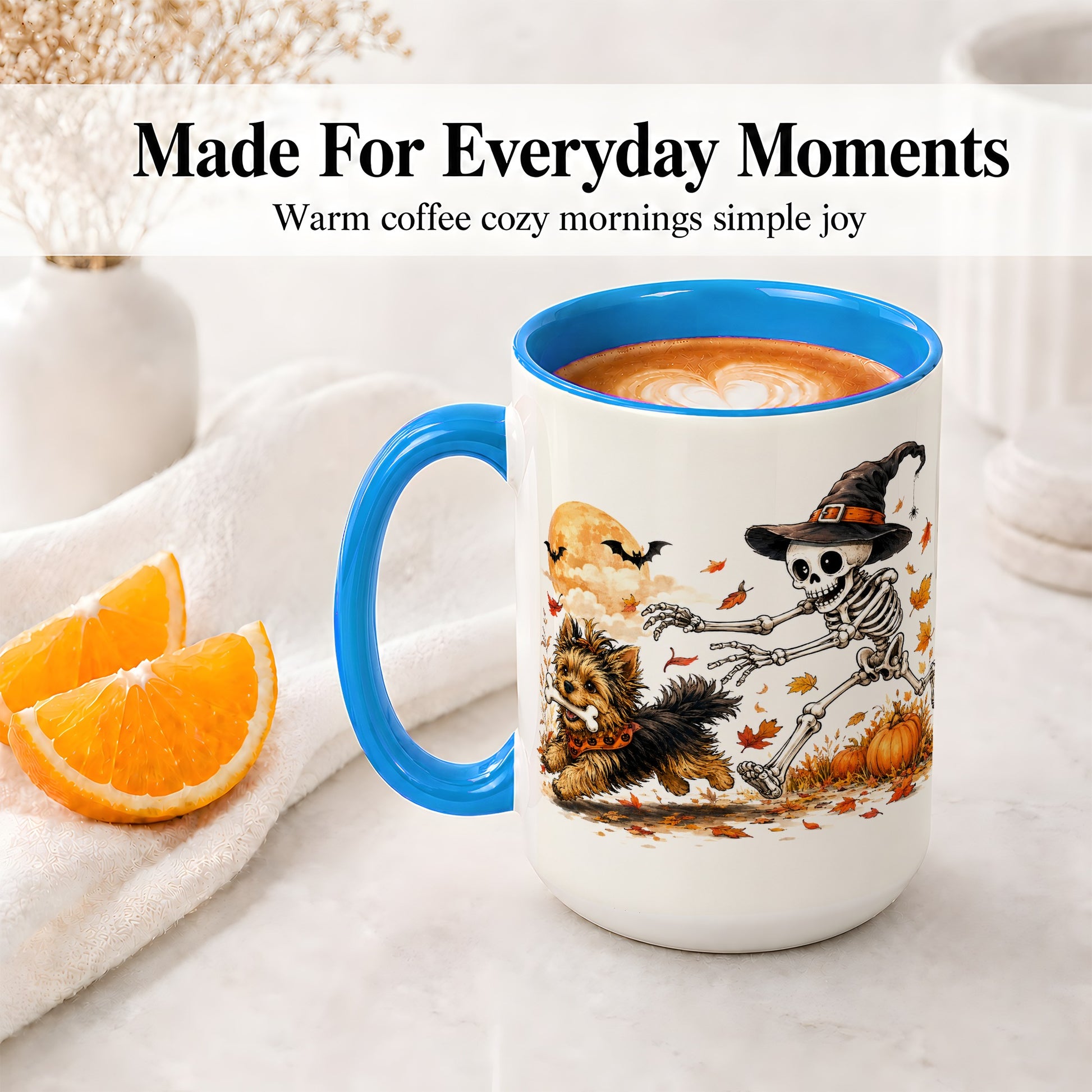#pl[15oz|Blue] Witch Hat Skeleton Yorkie Ceramic Mug, Halloween Art for Dog Lovers