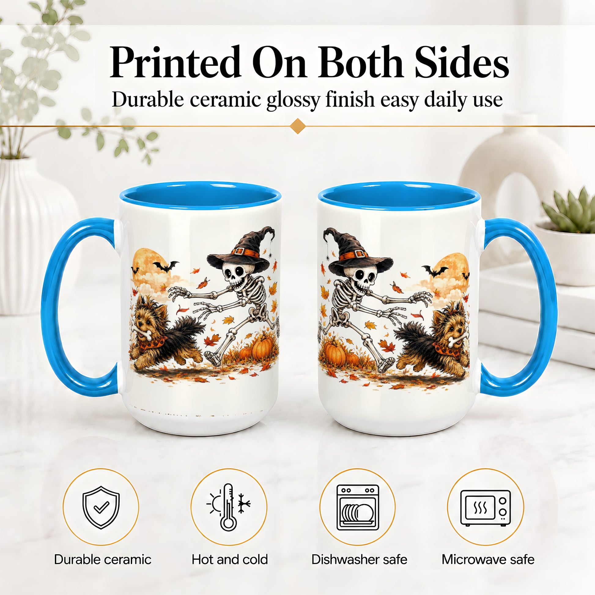 #pl[15oz|Blue] Witch Hat Skeleton Yorkie Ceramic Mug, Halloween Art for Dog Lovers