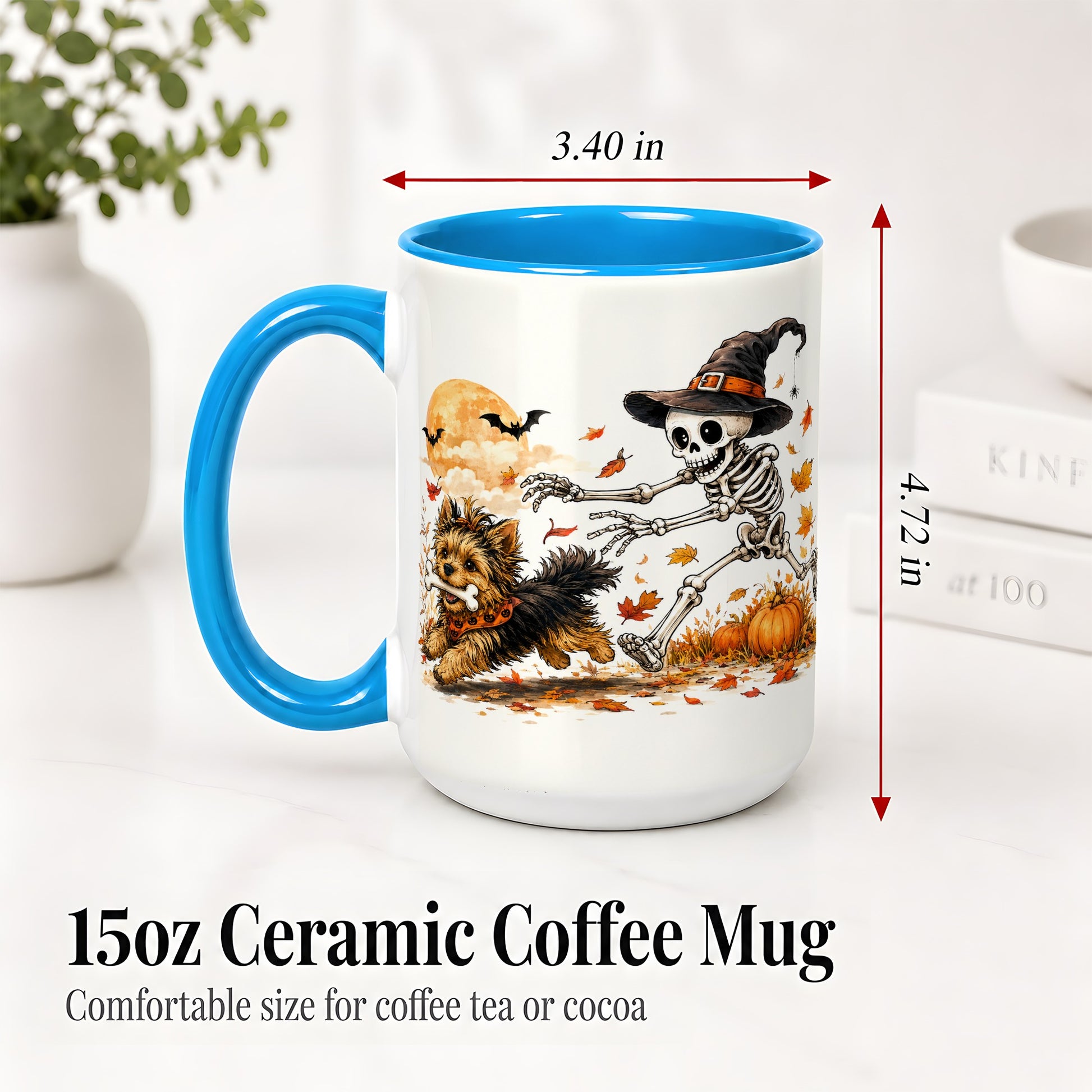 #pl[15oz|Blue] Witch Hat Skeleton Yorkie Ceramic Mug, Halloween Art for Dog Lovers