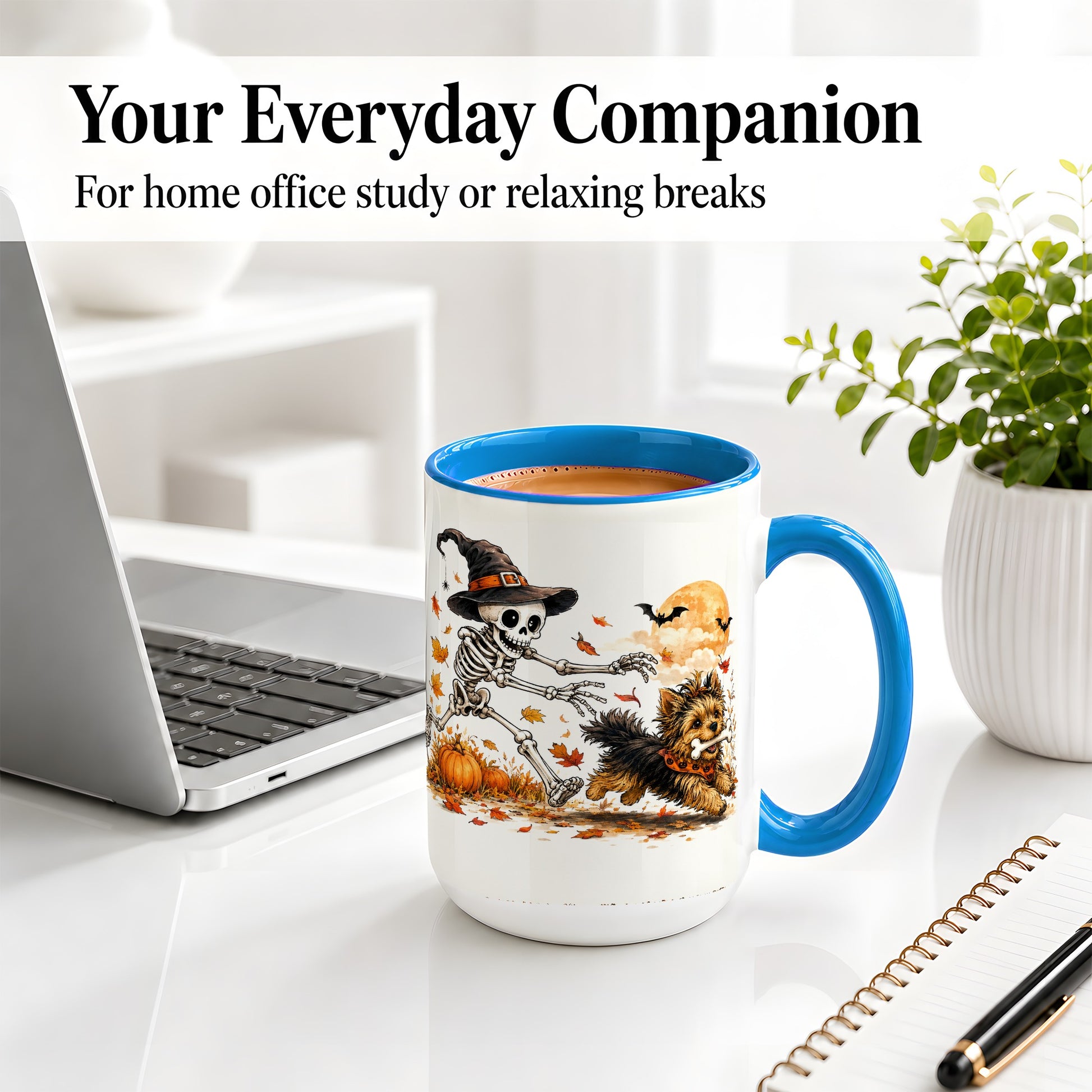 #pl[15oz|Blue] Witch Hat Skeleton Yorkie Ceramic Mug, Halloween Art for Dog Lovers