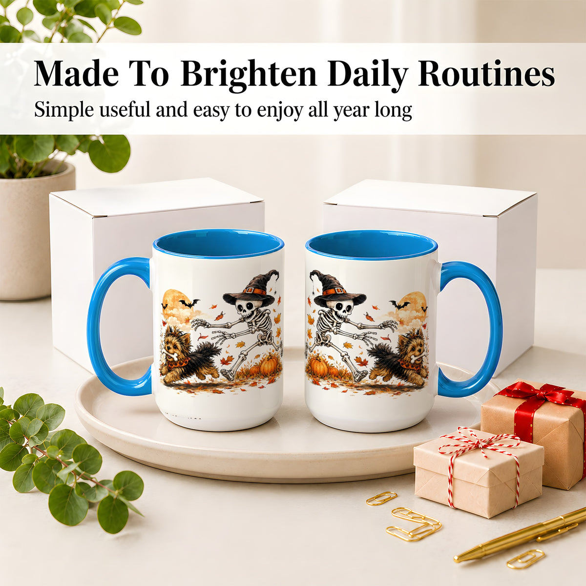 #pl[15oz|Blue] Witch Hat Skeleton Yorkie Ceramic Mug, Halloween Art for Dog Lovers