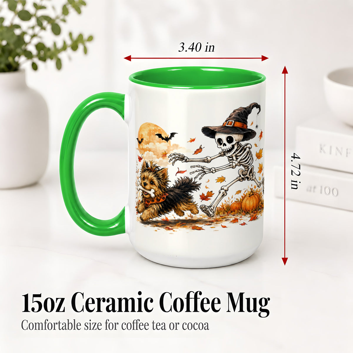 #pl[15oz|Green] Witch Hat Skeleton Yorkie Ceramic Mug, Halloween Art for Dog Lovers