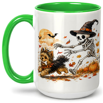 #pl[15oz|Green] Witch Hat Skeleton Yorkie Ceramic Mug, Halloween Art for Dog Lovers