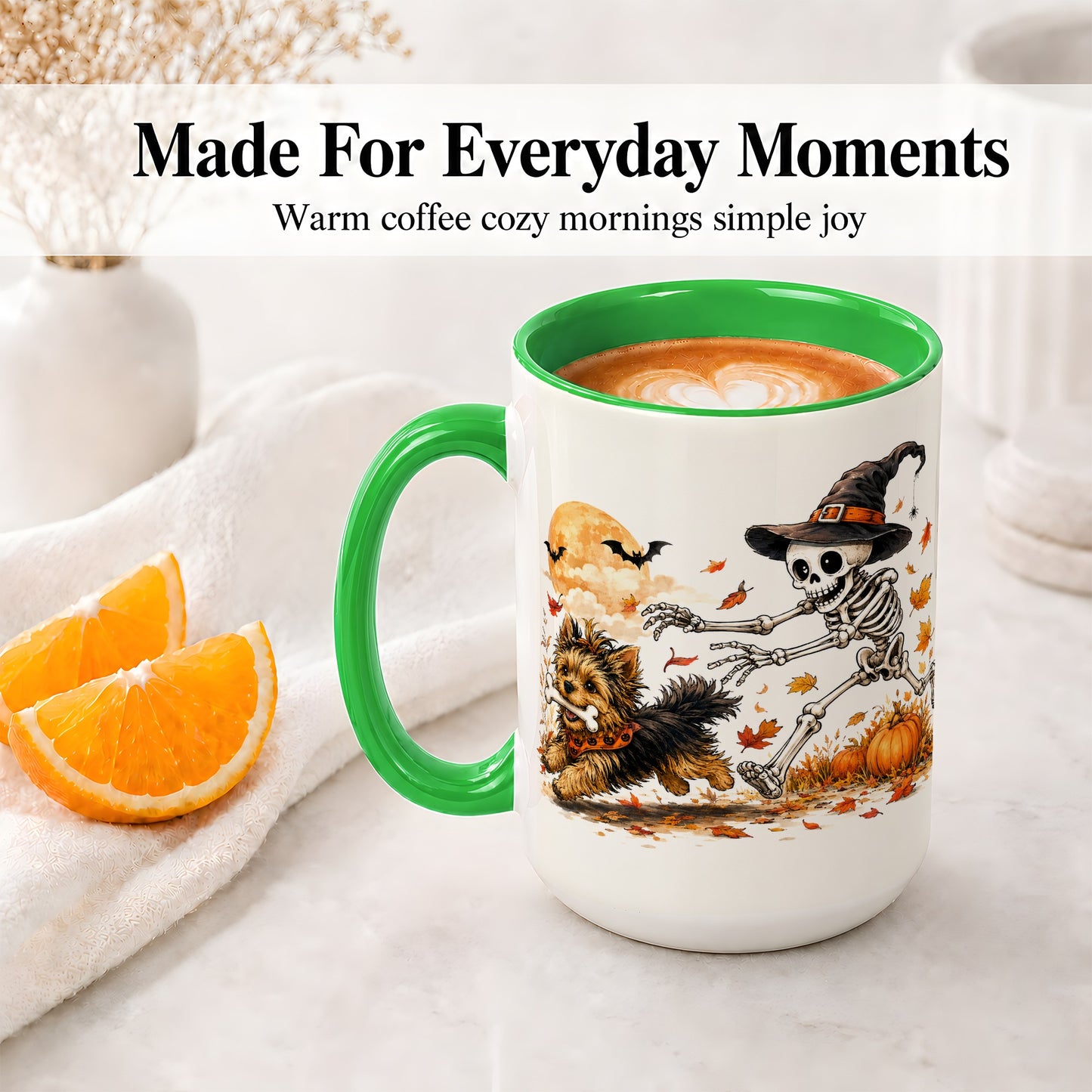 #pl[15oz|Green] Witch Hat Skeleton Yorkie Ceramic Mug, Halloween Art for Dog Lovers