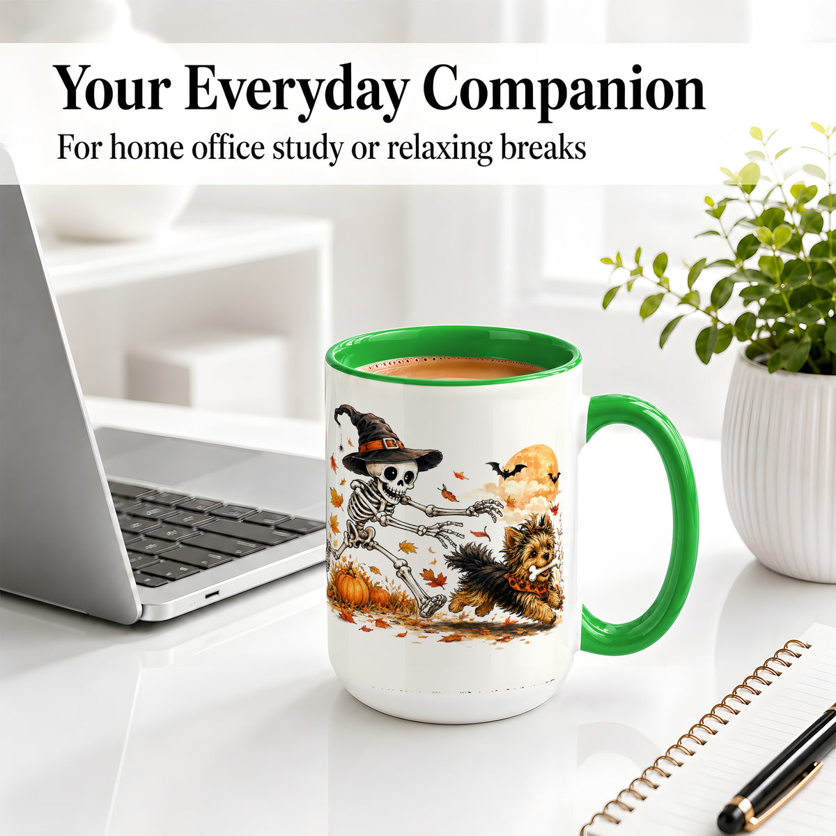 #pl[15oz|Green] Witch Hat Skeleton Yorkie Ceramic Mug, Halloween Art for Dog Lovers