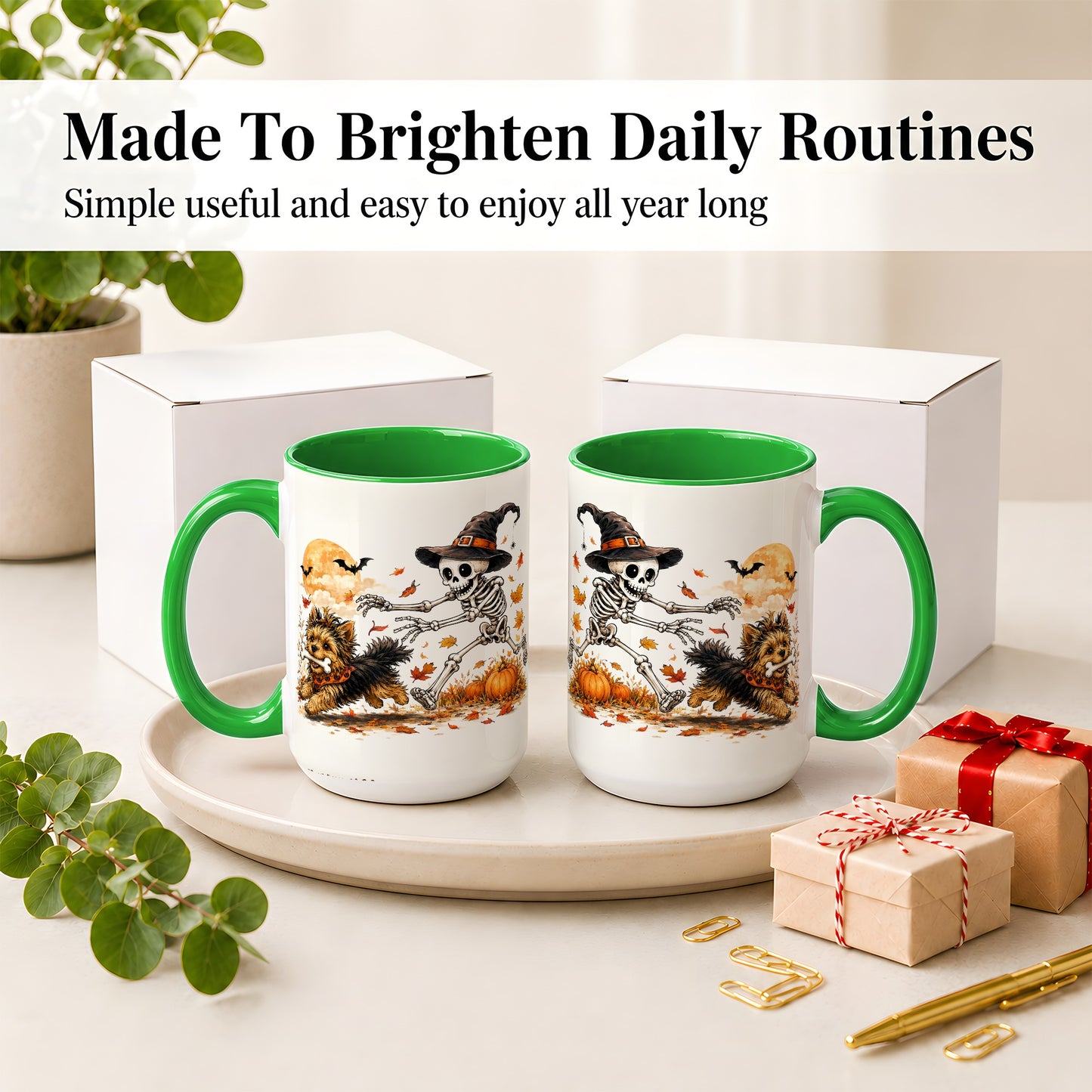 #pl[15oz|Green] Witch Hat Skeleton Yorkie Ceramic Mug, Halloween Art for Dog Lovers