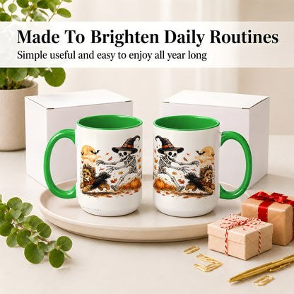 #pl[15oz|Green] Witch Hat Skeleton Yorkie Ceramic Mug, Halloween Art for Dog Lovers