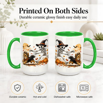 #pl[15oz|Green] Witch Hat Skeleton Yorkie Ceramic Mug, Halloween Art for Dog Lovers
