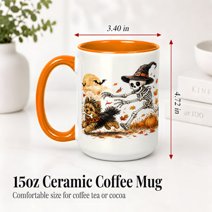 #pl[15oz|Orange] Witch Hat Skeleton Yorkie Ceramic Mug, Halloween Art for Dog Lovers