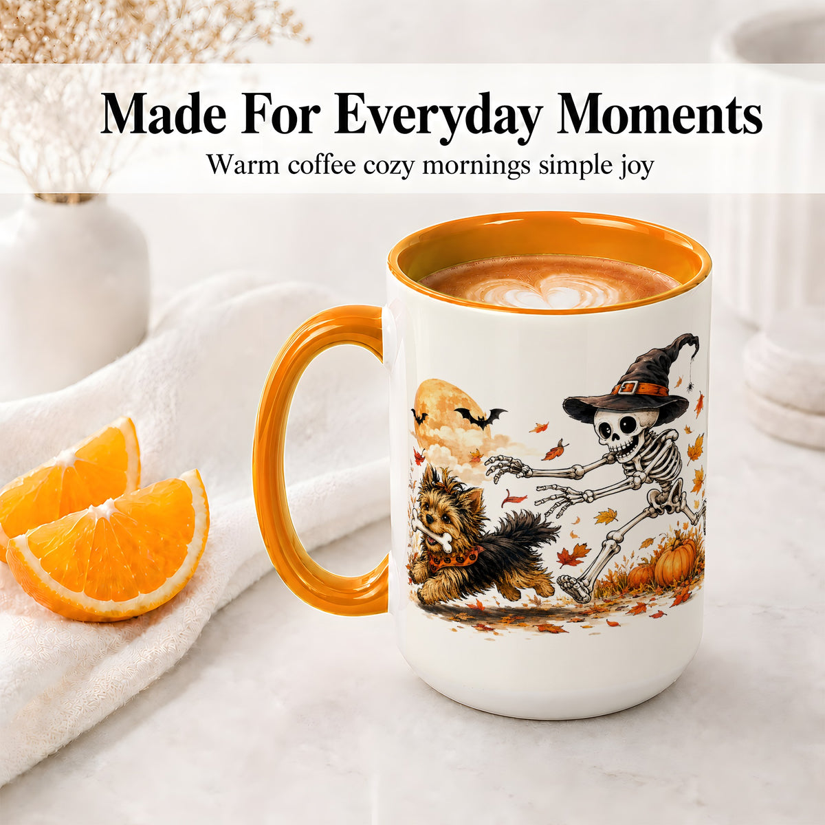 #pl[15oz|Orange] Witch Hat Skeleton Yorkie Ceramic Mug, Halloween Art for Dog Lovers