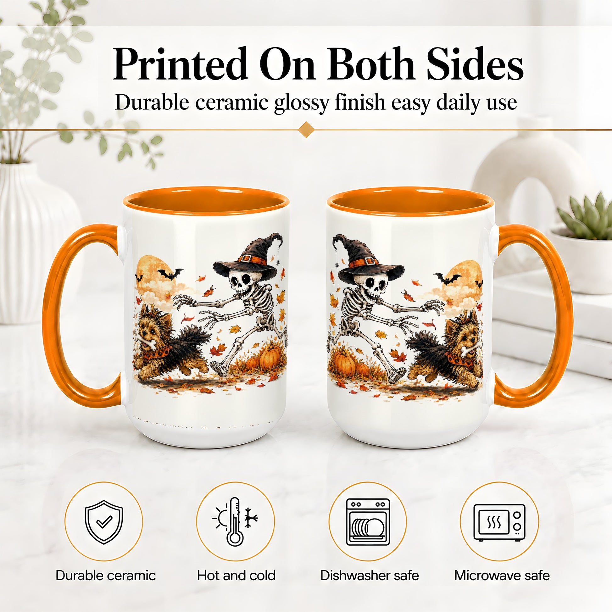 #pl[15oz|Orange] Witch Hat Skeleton Yorkie Ceramic Mug, Halloween Art for Dog Lovers