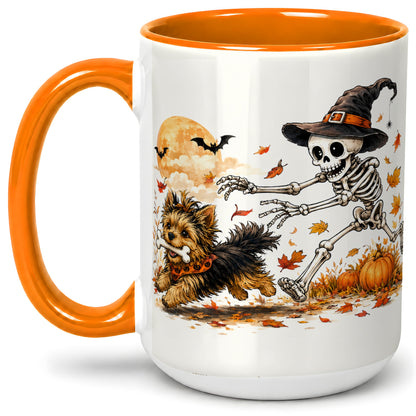 #pl[15oz|Orange] Witch Hat Skeleton Yorkie Ceramic Mug, Halloween Art for Dog Lovers