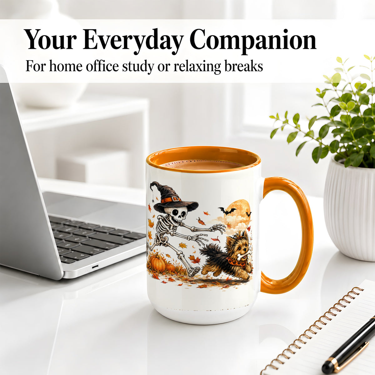 #pl[15oz|Orange] Witch Hat Skeleton Yorkie Ceramic Mug, Halloween Art for Dog Lovers
