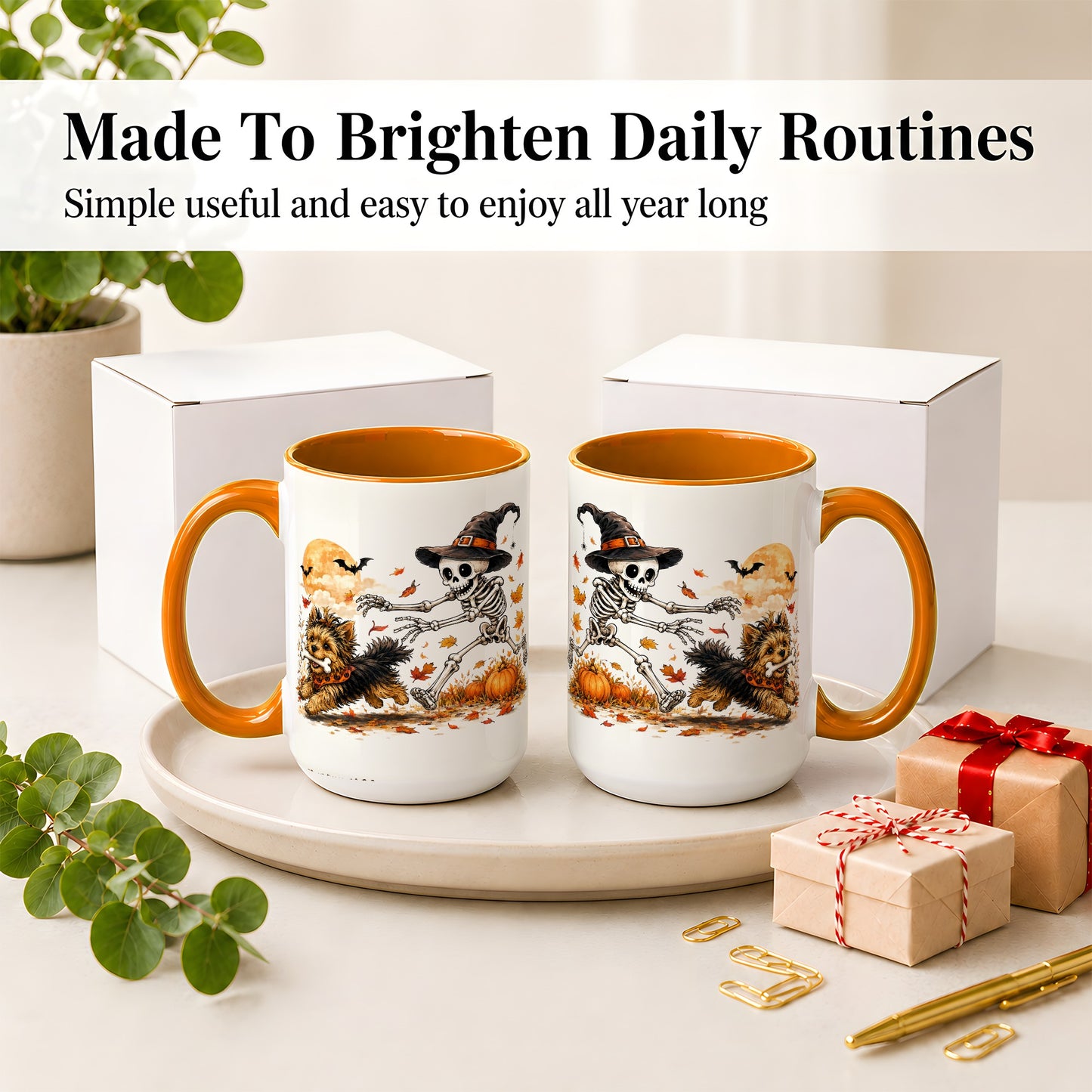 #pl[15oz|Orange] Witch Hat Skeleton Yorkie Ceramic Mug, Halloween Art for Dog Lovers