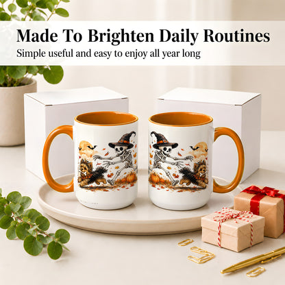 #pl[15oz|Orange] Witch Hat Skeleton Yorkie Ceramic Mug, Halloween Art for Dog Lovers