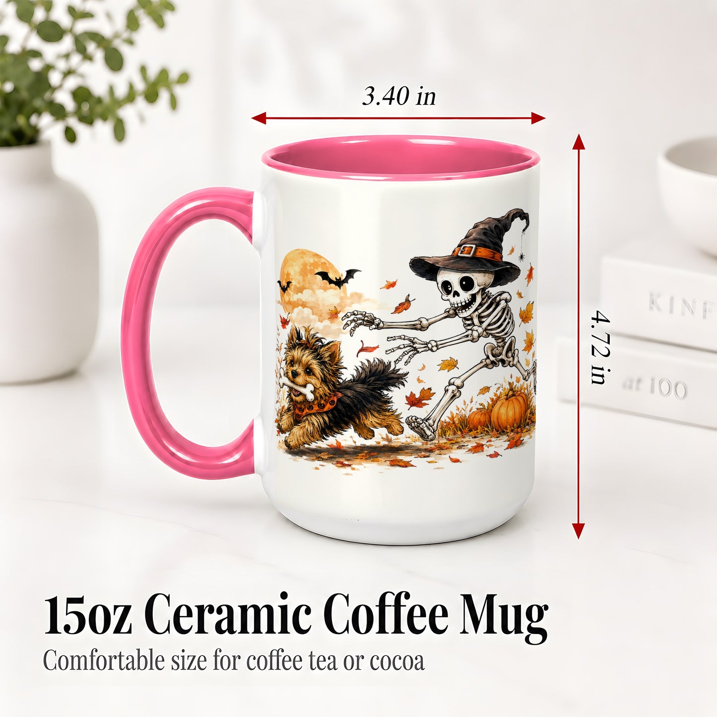 #pl[15oz|Pink] Witch Hat Skeleton Yorkie Ceramic Mug, Halloween Art for Dog Lovers