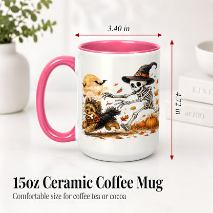#pl[15oz|Pink] Witch Hat Skeleton Yorkie Ceramic Mug, Halloween Art for Dog Lovers