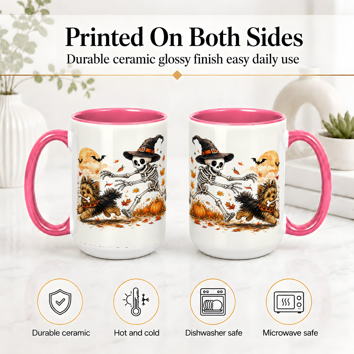 #pl[15oz|Pink] Witch Hat Skeleton Yorkie Ceramic Mug, Halloween Art for Dog Lovers
