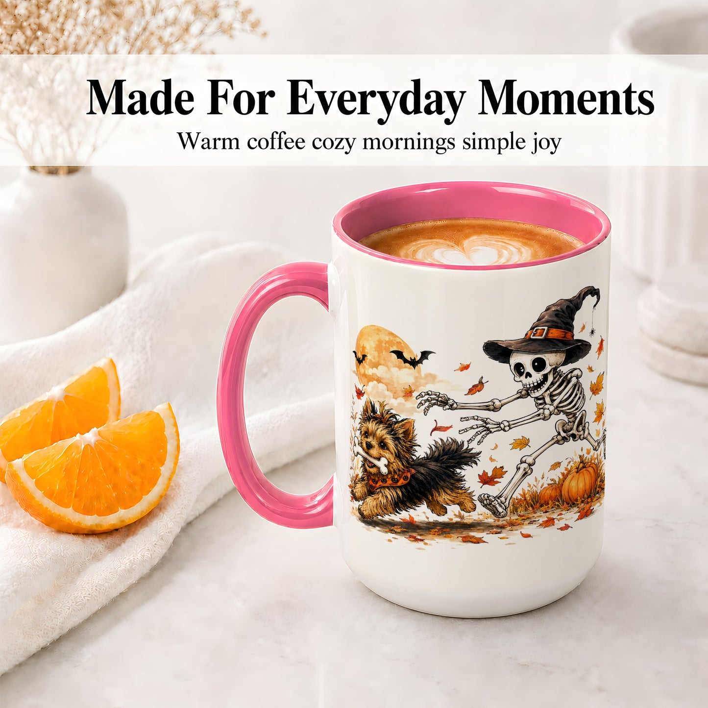 #pl[15oz|Pink] Witch Hat Skeleton Yorkie Ceramic Mug, Halloween Art for Dog Lovers