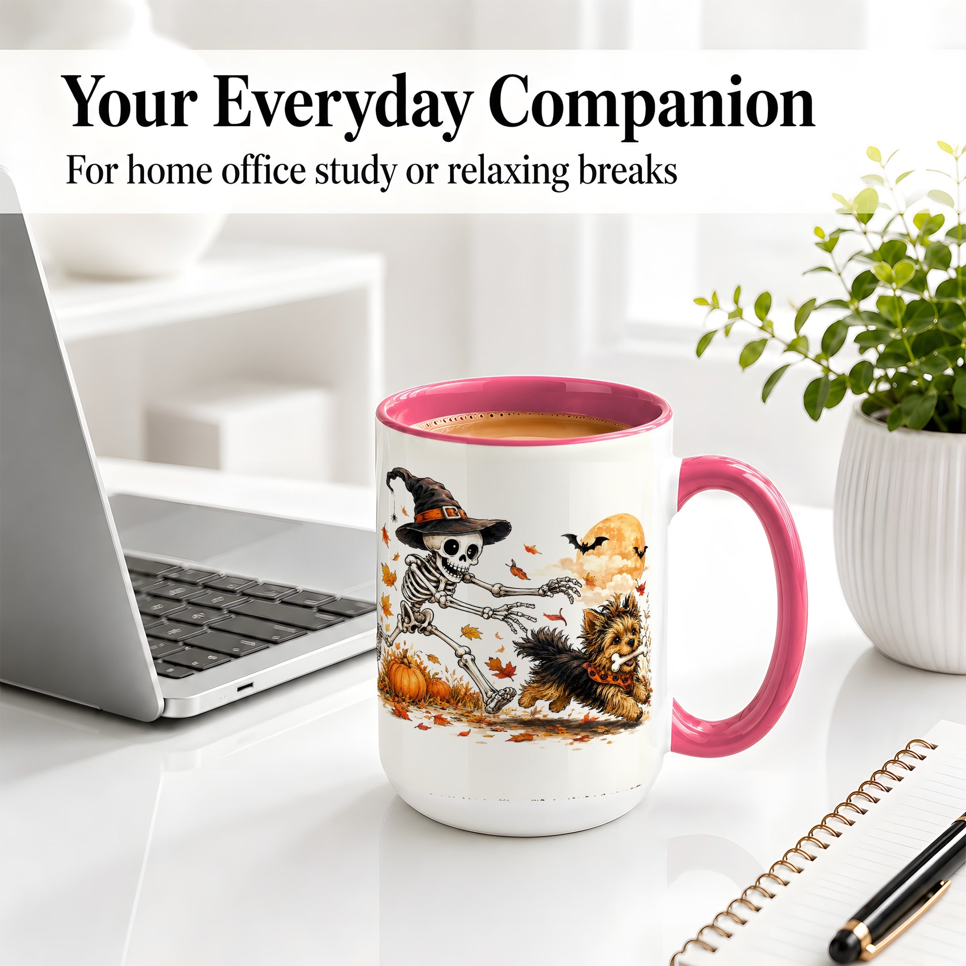 #pl[15oz|Pink] Witch Hat Skeleton Yorkie Ceramic Mug, Halloween Art for Dog Lovers