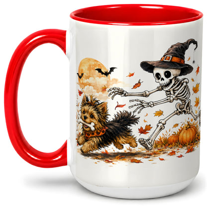 #pl[15oz|Red] Witch Hat Skeleton Yorkie Ceramic Mug, Halloween Art for Dog Lovers