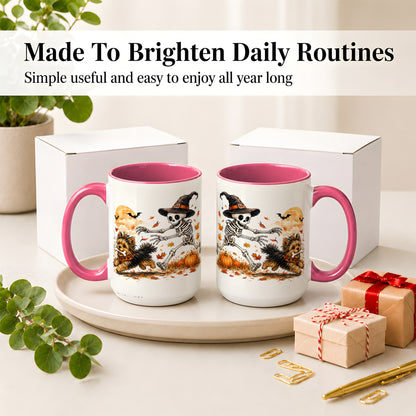 #pl[15oz|Pink] Witch Hat Skeleton Yorkie Ceramic Mug, Halloween Art for Dog Lovers