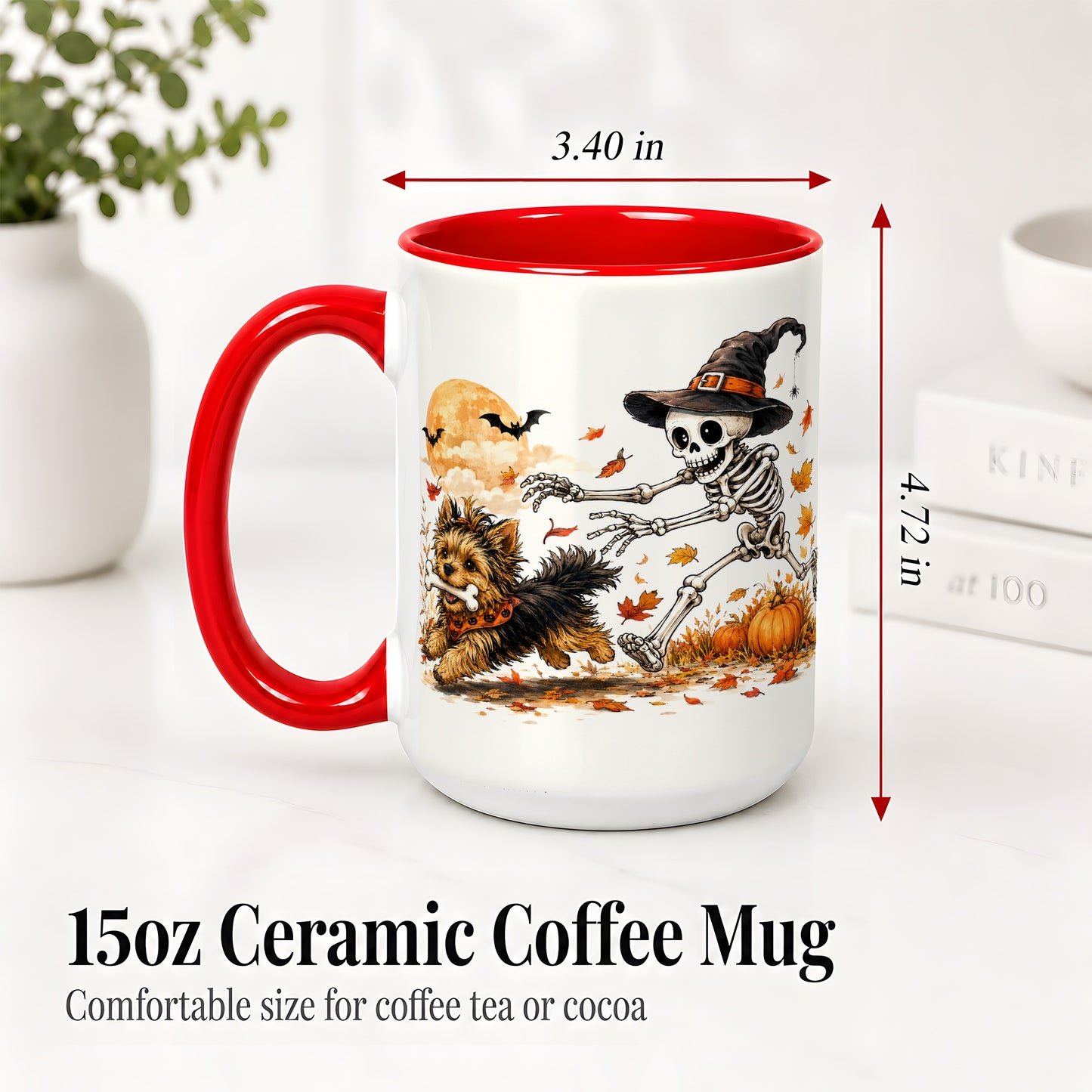 #pl[15oz|Red] Witch Hat Skeleton Yorkie Ceramic Mug, Halloween Art for Dog Lovers