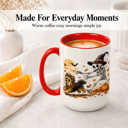 #pl[15oz|Red] Witch Hat Skeleton Yorkie Ceramic Mug, Halloween Art for Dog Lovers
