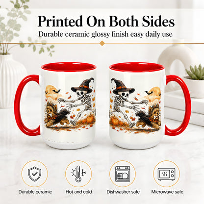 #pl[15oz|Red] Witch Hat Skeleton Yorkie Ceramic Mug, Halloween Art for Dog Lovers