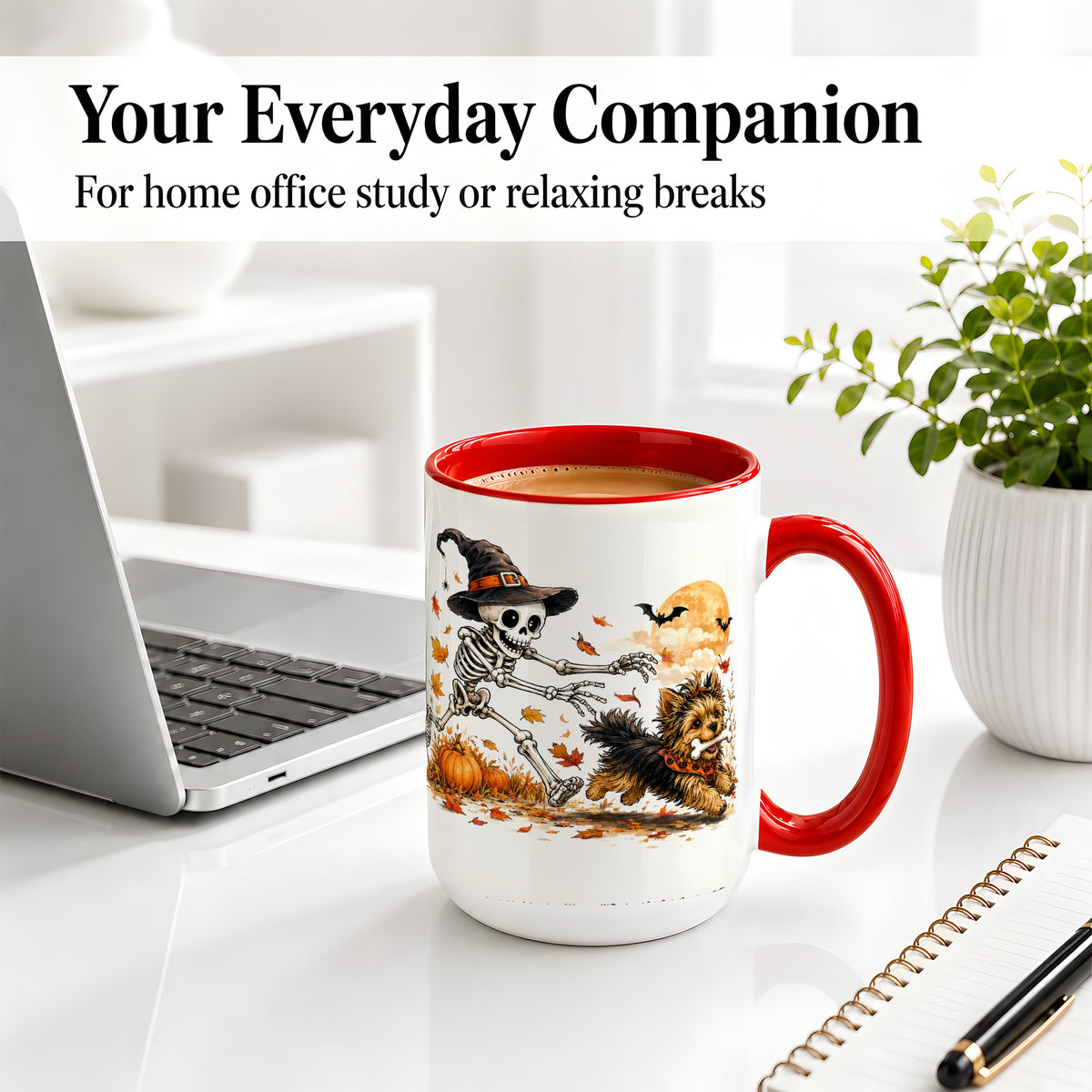 #pl[15oz|Red] Witch Hat Skeleton Yorkie Ceramic Mug, Halloween Art for Dog Lovers