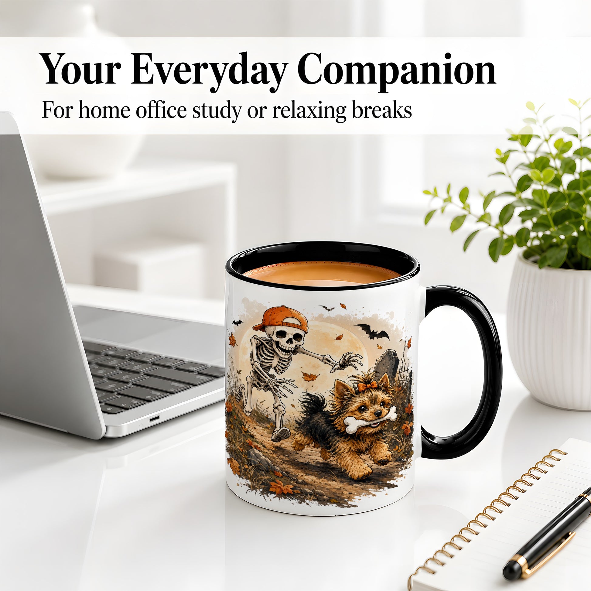 #pl[11oz|Black] Graveyard Skeleton Yorkie Ceramic Mug, Halloween Art for Dog Lovers