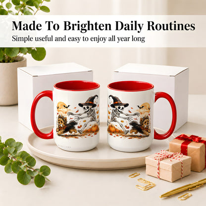 #pl[15oz|Red] Witch Hat Skeleton Yorkie Ceramic Mug, Halloween Art for Dog Lovers
