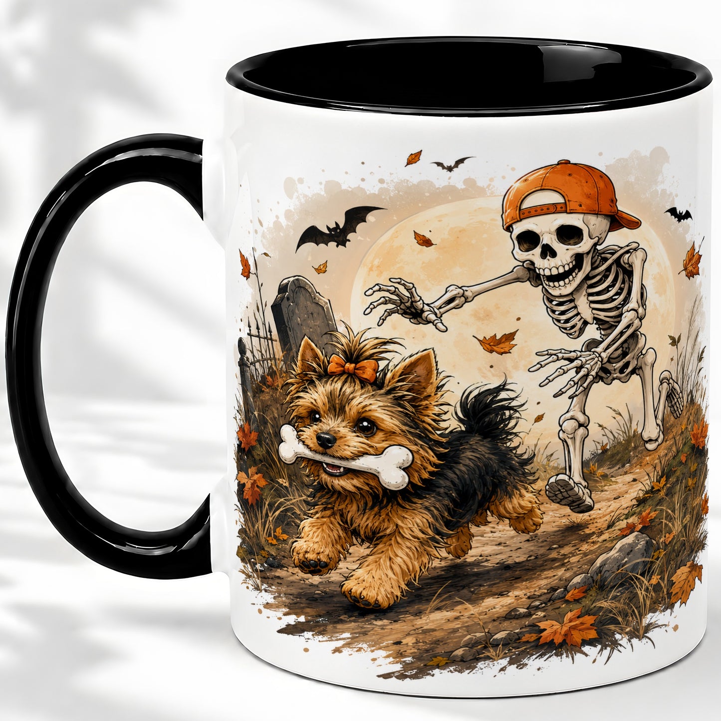 #pl[11oz|Black] Graveyard Skeleton Yorkie Ceramic Mug, Halloween Art for Dog Lovers
