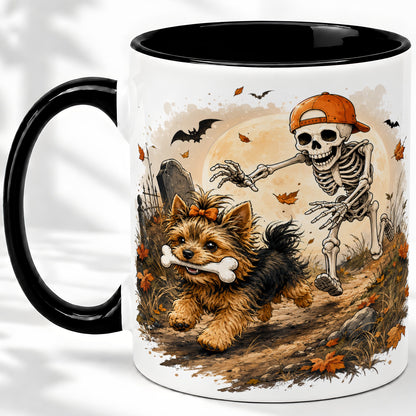 #pl[11oz|Black] Graveyard Skeleton Yorkie Ceramic Mug, Halloween Art for Dog Lovers