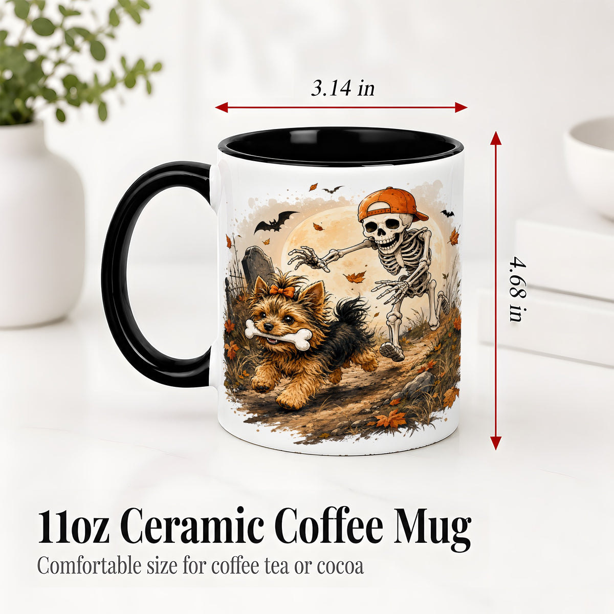 #pl[11oz|Black] Graveyard Skeleton Yorkie Ceramic Mug, Halloween Art for Dog Lovers