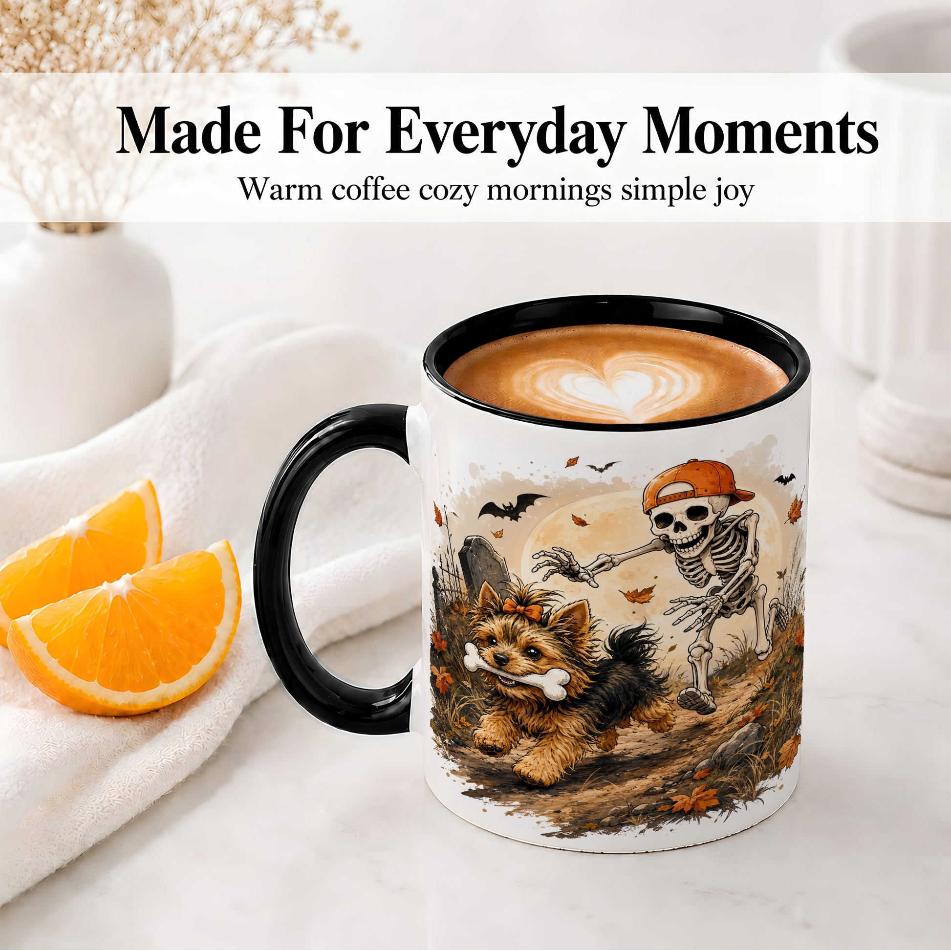 #pl[11oz|Black] Graveyard Skeleton Yorkie Ceramic Mug, Halloween Art for Dog Lovers