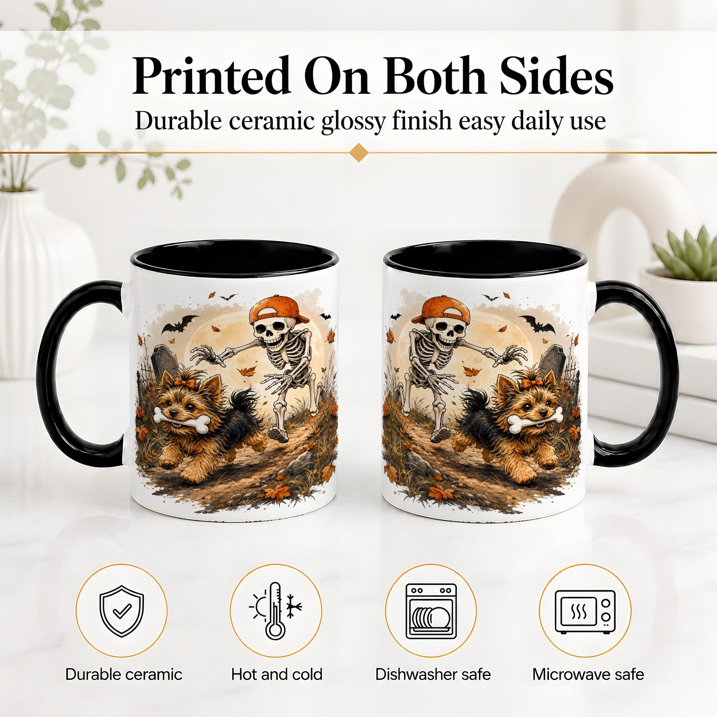 #pl[11oz|Black] Graveyard Skeleton Yorkie Ceramic Mug, Halloween Art for Dog Lovers