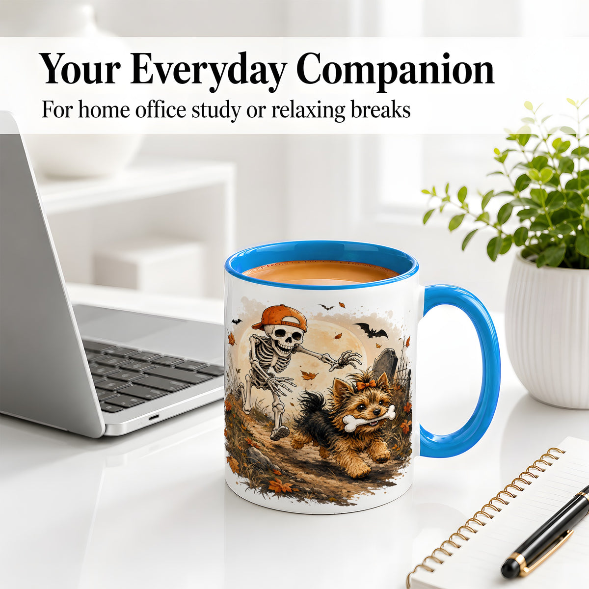 #pl[11oz|Blue] Graveyard Skeleton Yorkie Ceramic Mug, Halloween Art for Dog Lovers
