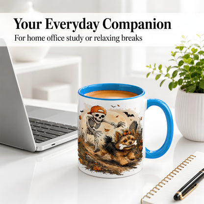 #pl[11oz|Blue] Graveyard Skeleton Yorkie Ceramic Mug, Halloween Art for Dog Lovers