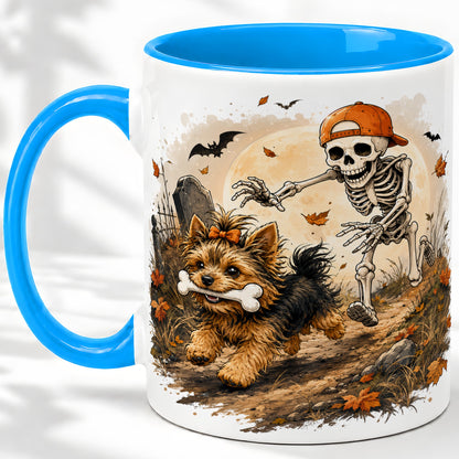 #pl[11oz|Blue] Graveyard Skeleton Yorkie Ceramic Mug, Halloween Art for Dog Lovers