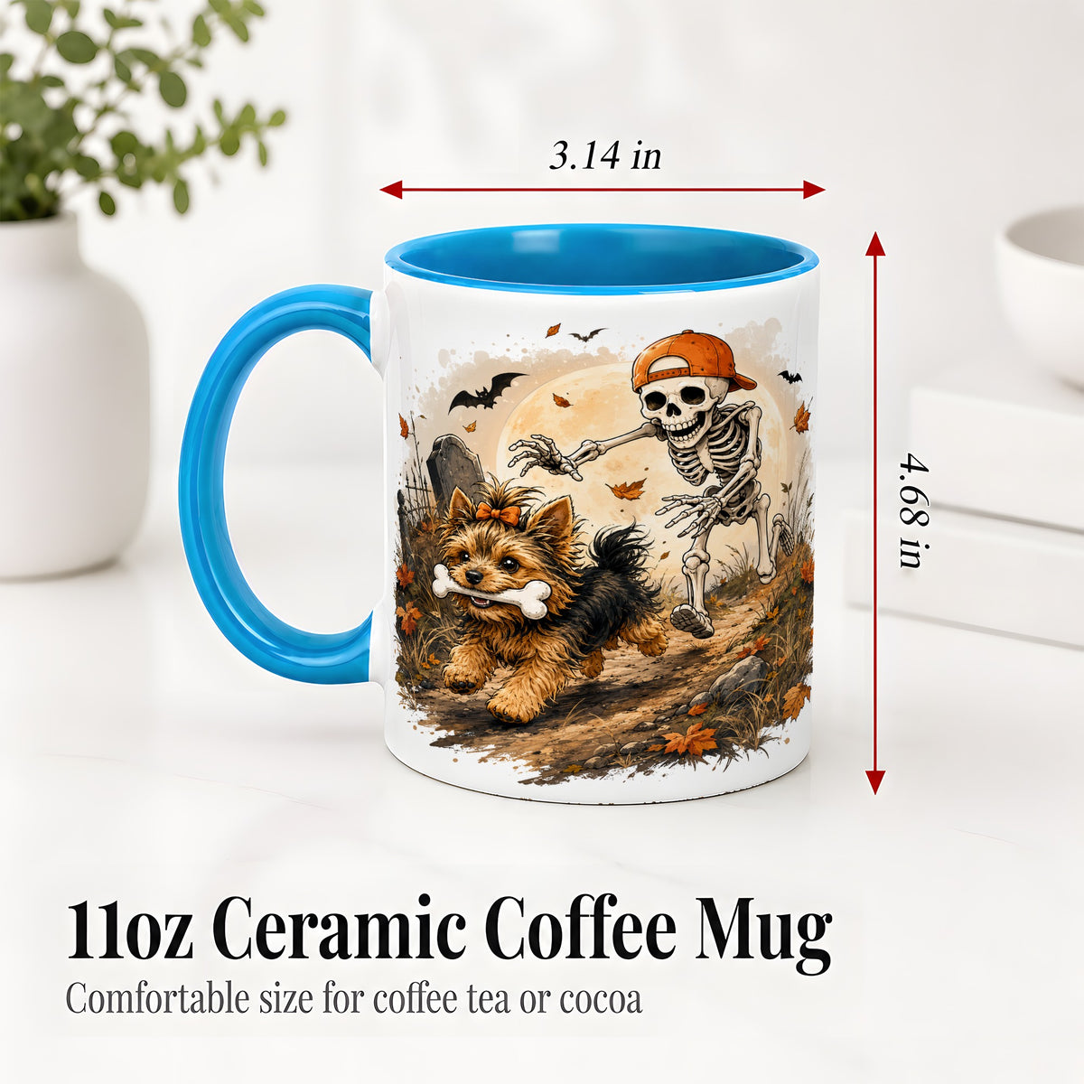 #pl[11oz|Blue] Graveyard Skeleton Yorkie Ceramic Mug, Halloween Art for Dog Lovers