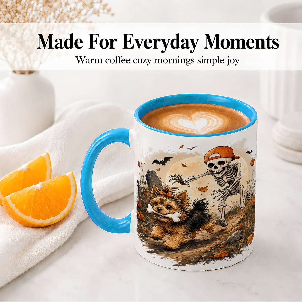 #pl[11oz|Blue] Graveyard Skeleton Yorkie Ceramic Mug, Halloween Art for Dog Lovers