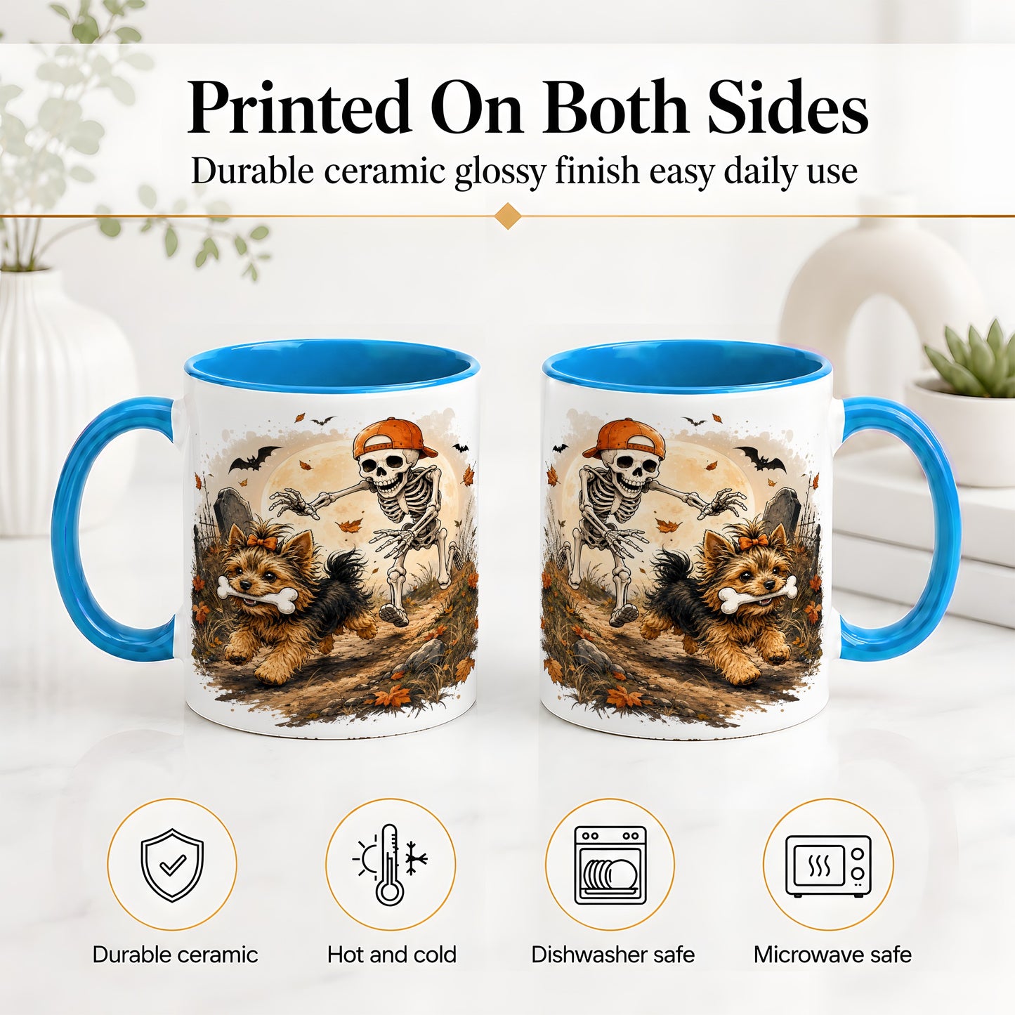 #pl[11oz|Blue] Graveyard Skeleton Yorkie Ceramic Mug, Halloween Art for Dog Lovers