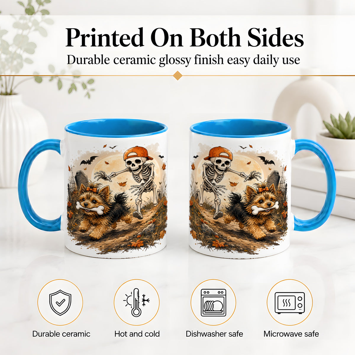 #pl[11oz|Blue] Graveyard Skeleton Yorkie Ceramic Mug, Halloween Art for Dog Lovers