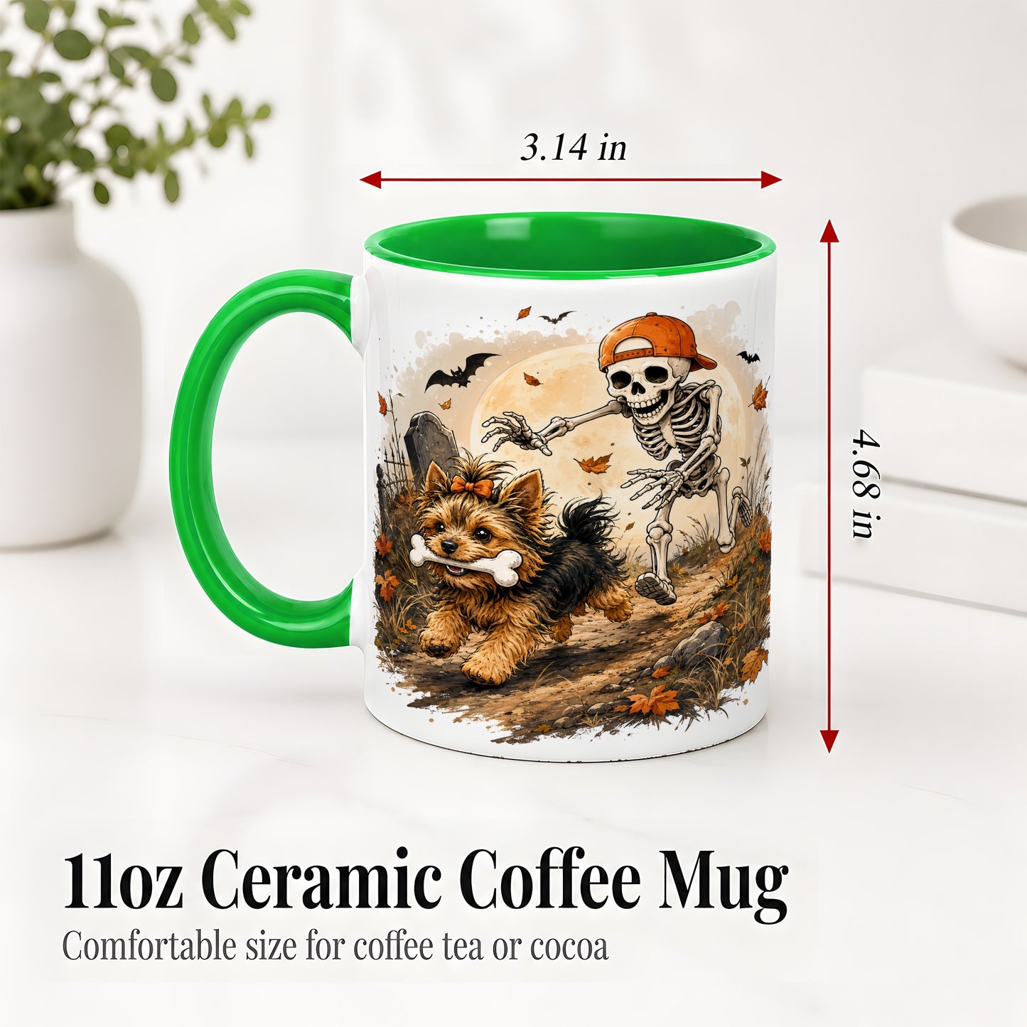 #pl[11oz|Green] Graveyard Skeleton Yorkie Ceramic Mug, Halloween Art for Dog Lovers