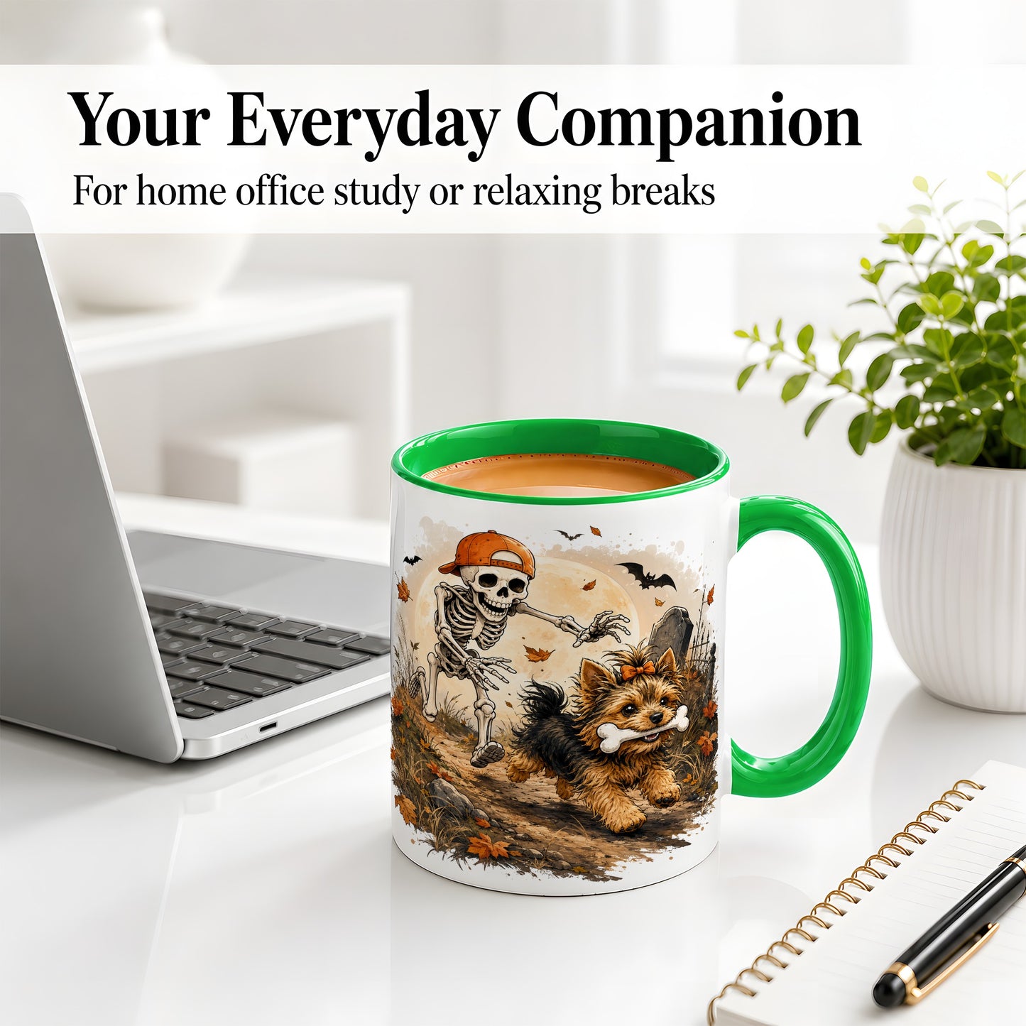 #pl[11oz|Green] Graveyard Skeleton Yorkie Ceramic Mug, Halloween Art for Dog Lovers
